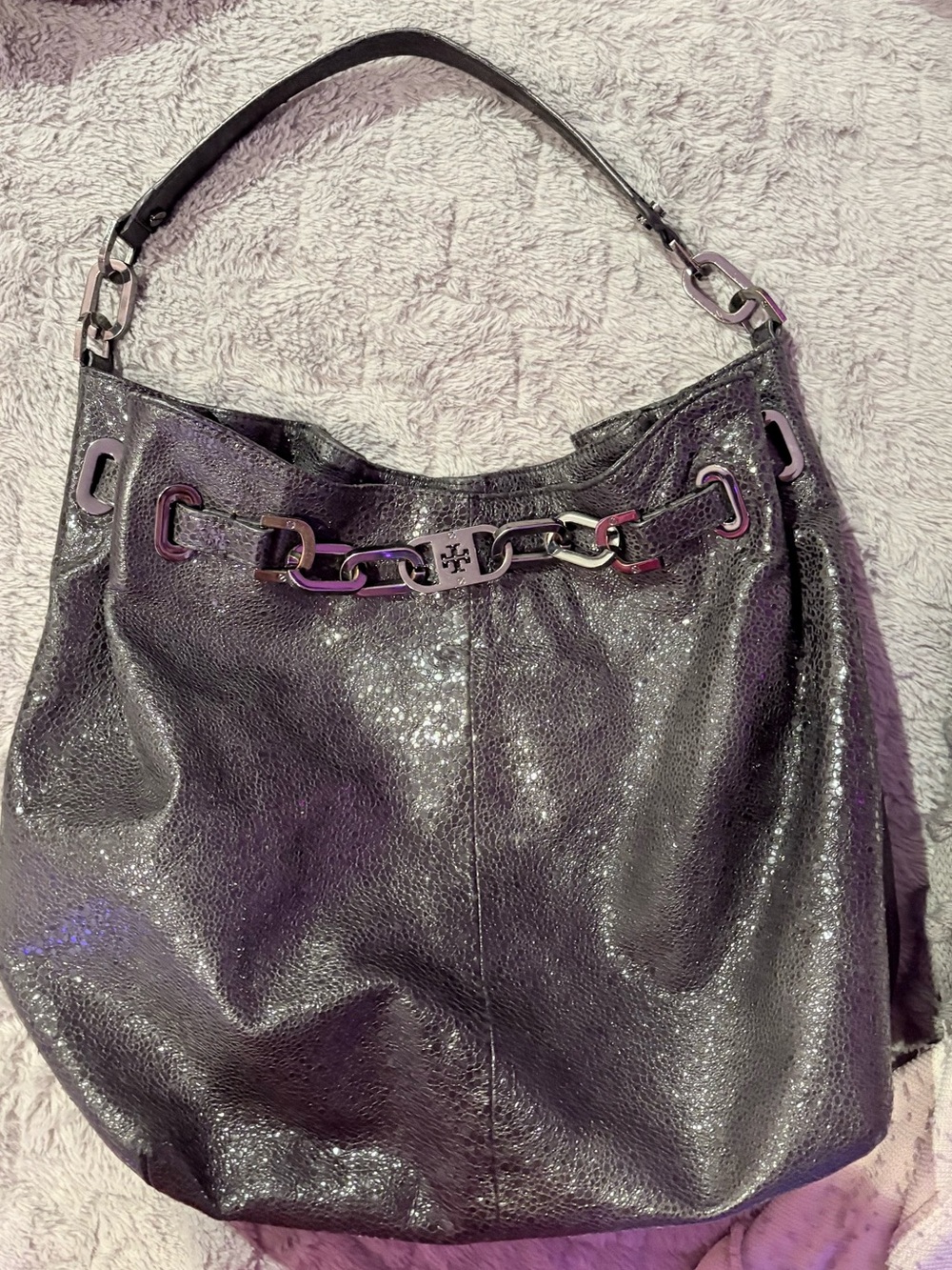Tory Burch Black Metallic Chain-Accent Shoulder Bag
